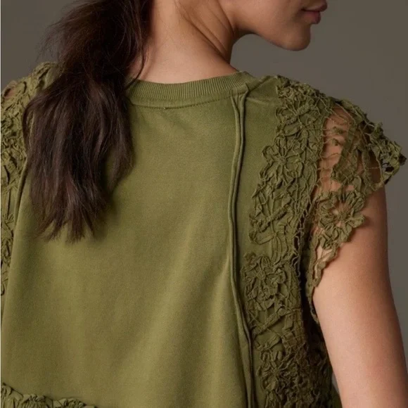 Anthropologie Lace Sleeve Ruffle Hem Crop Top Moss Green Medium - Picture 4 of 9